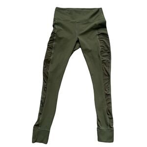 Fabletics Army Green High Waisted Leggings Mesh Ruched Sides Pockets Small